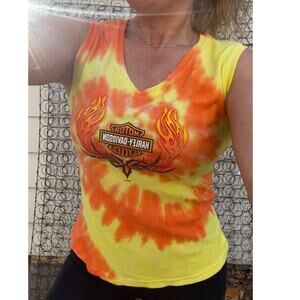 Vintage Y2K Harley Davidson Orange Yellow Flames Tie Dye Tribal Tank LARGE